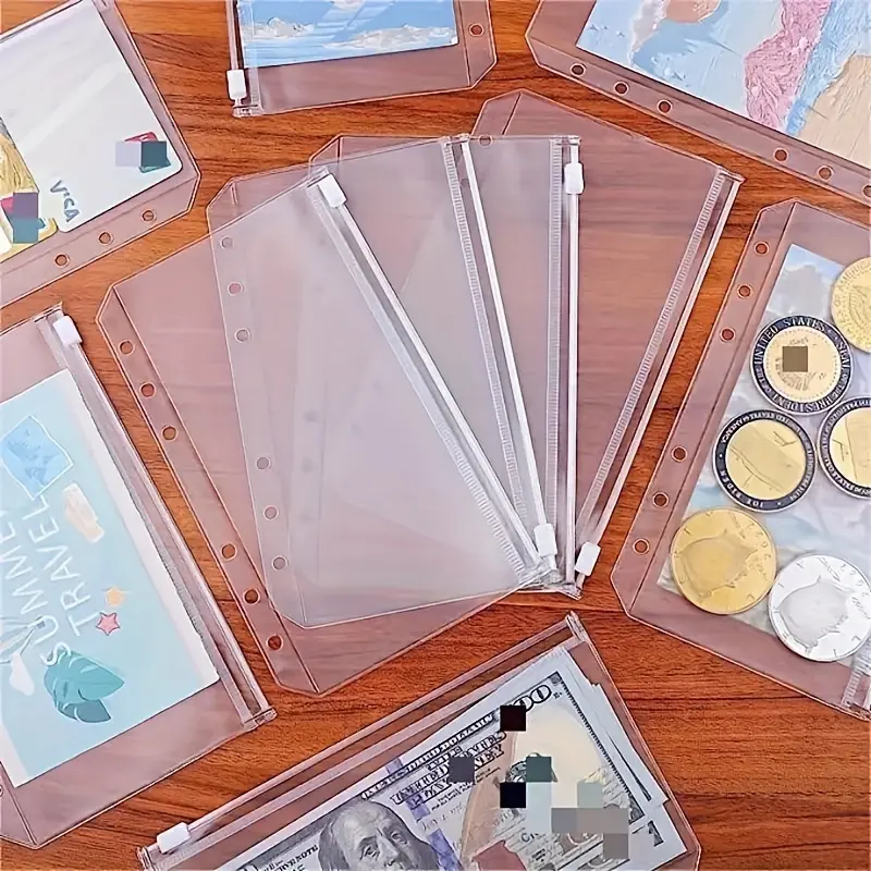 12pcs A5 Ring Binder Pockets, 6 Compartments, Transparent Zipper, Waterproof PVC, with File Pencil Bag Organizer, Savings Binder, Cash Stuffing Binder, Envelope Challenge Binder for Budgeting