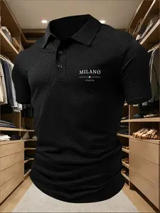 Men's Summer Polo Shirt, Fashion Letter Print, Graphic, Knit Breathable Comfortable Fabric, Casual Fitted Design, Perfect for Daily Wear, Top