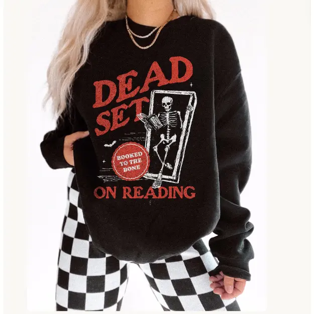 Women's Oversized Cotton Hoodie-Sweatshirt, Dead Set On Reading Skeleton Book Coffin Halloween Graphic, Retro Spooky Fall Comfort Crewneck, Perfect Book Lover Gift For Friends Family