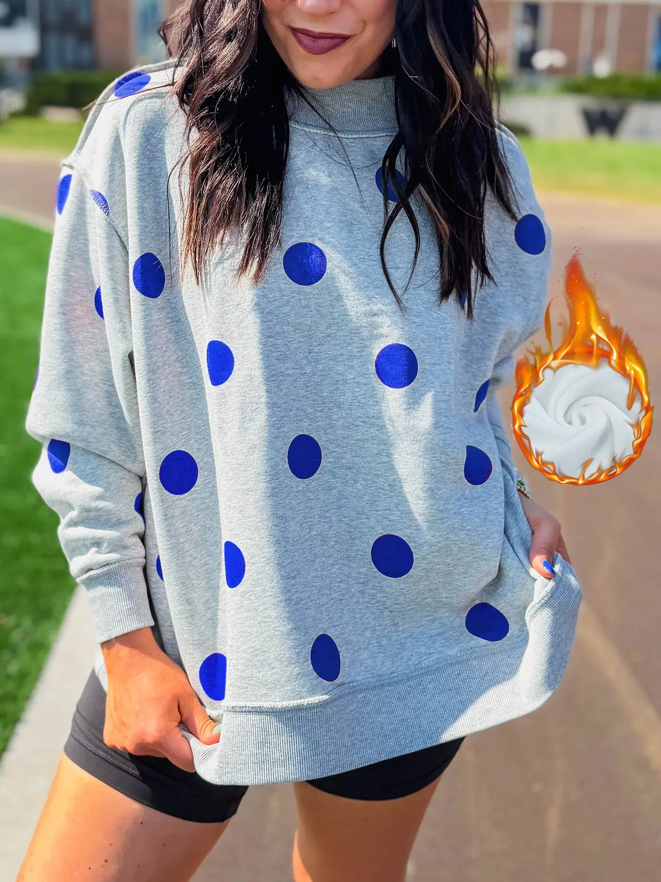 Women's Fleece Sweatshirt, Loose Fit Oversized, Fashion Casual Polka Dot Print, High Neck Thickened, Fall Winter Warm Long Sleeve Pullover