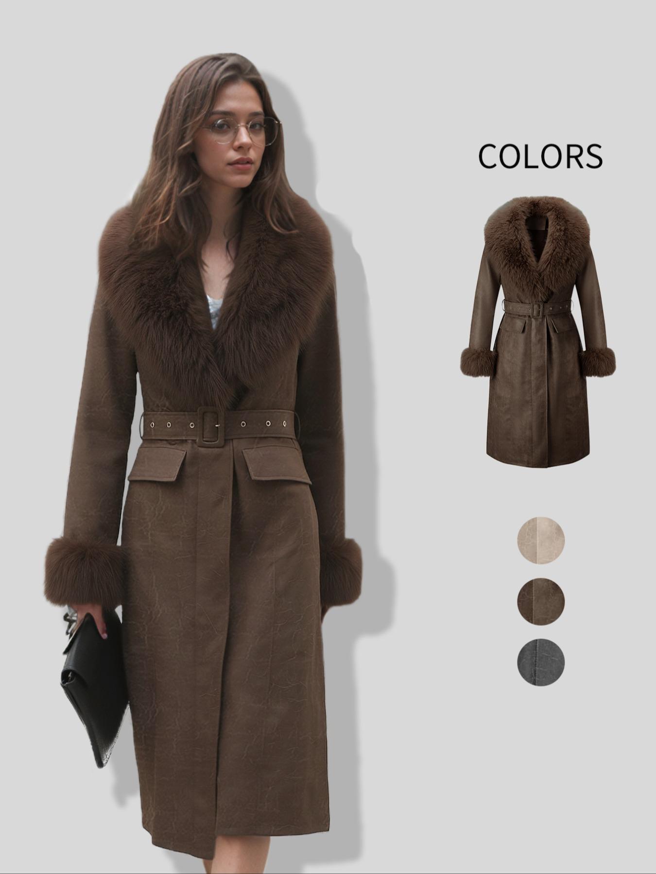 Women's Fall Winter Long Faux Fur Coat, Vintage Style Casual Cotton Woven Jacket with Large Collar and Belt, Elegant Plain Design