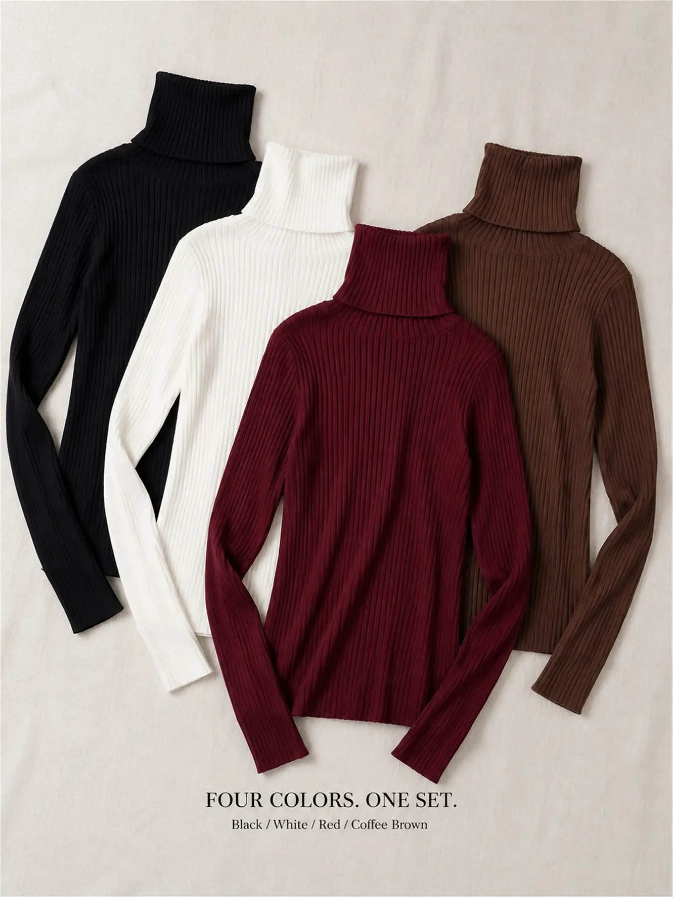Women's 4-Piece Set High Neck Sweater, Stretchy Base Layer, Ribbed Knit Top, Slim Fit High Neck Sweater, Winter Capsule Wardrobe, Casual Knitwear Sweaters