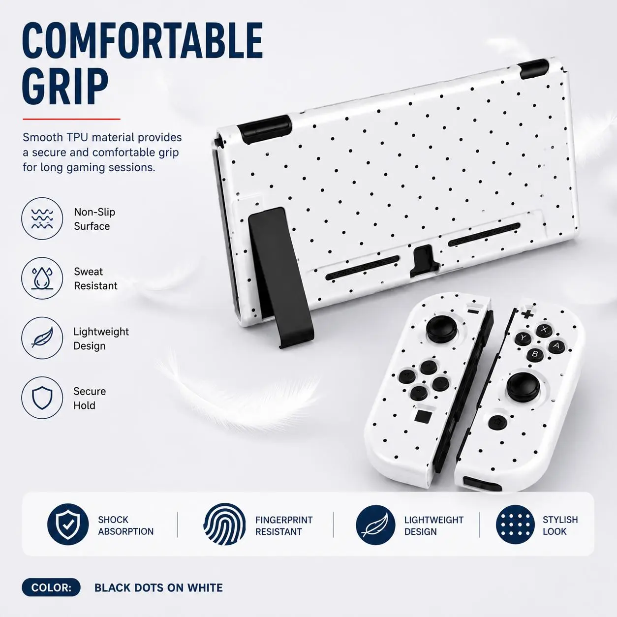Gaming Shock-Absorbent TPU Full Body Case with Stylish Polka Dots, Black Dots White Protective Cover for Nintendo Switch OLED/Switch Lite