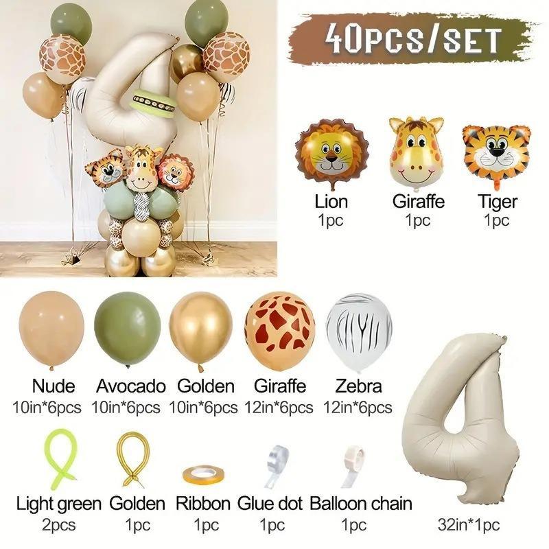 40 pieces new jungle retro animal balloons for kids birthday number 12345  party decoration set with digital columns Tiger Lion