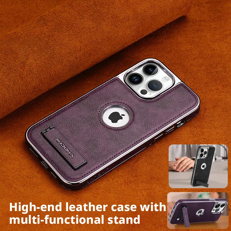 Vegan Leather Vintage Smartphone Casing for iPhone 16 Pro Max - High-End Business Minimalist Handheld Cellphone Accessory, Built-In Adjustable Hidden Folding Kickstand, Matte Wear-Resistant Full Wrap Shockproof Anti-Scratch Slim Protection Tech Protector,