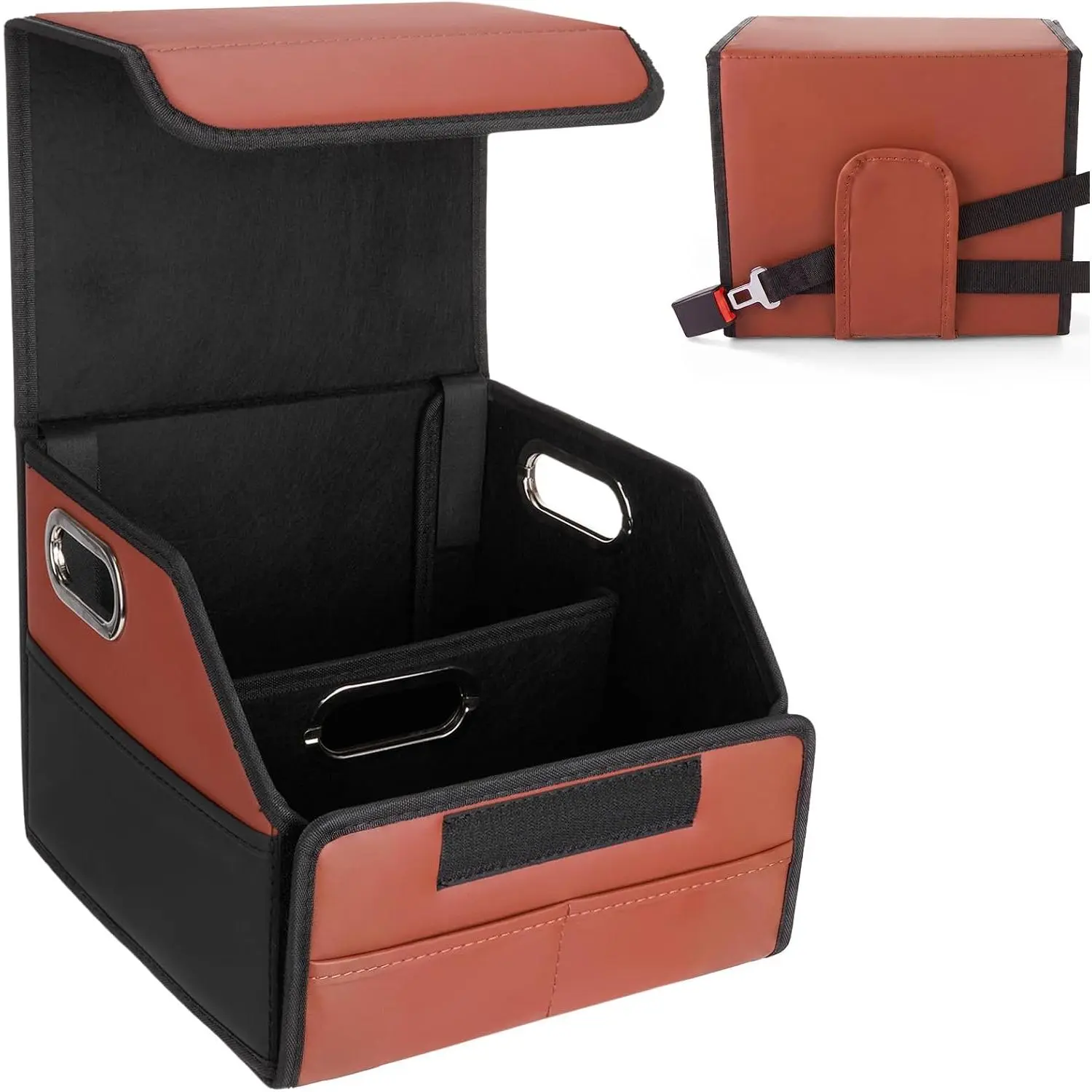 Storage Organizer Reinforced Dividable Leather  Organizer and Storage with Box Lid, Anti-slip Bottom for Front &  Seat or Floor, Multipurpose  Suv Trunk Organizers(Brown Black)