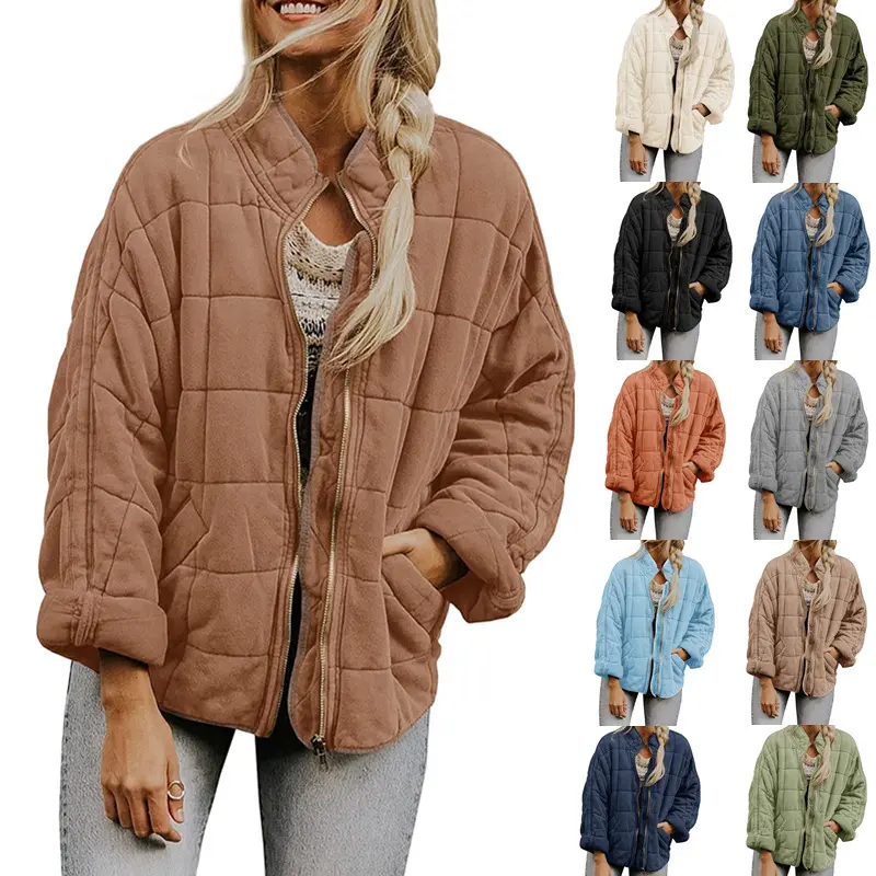 Women's Cozy Stand Collared Neck Jacquard Poly Jacket - Loose Fit Long Cut Outerwear with Side Zipper Pockets Solid Plain Coat