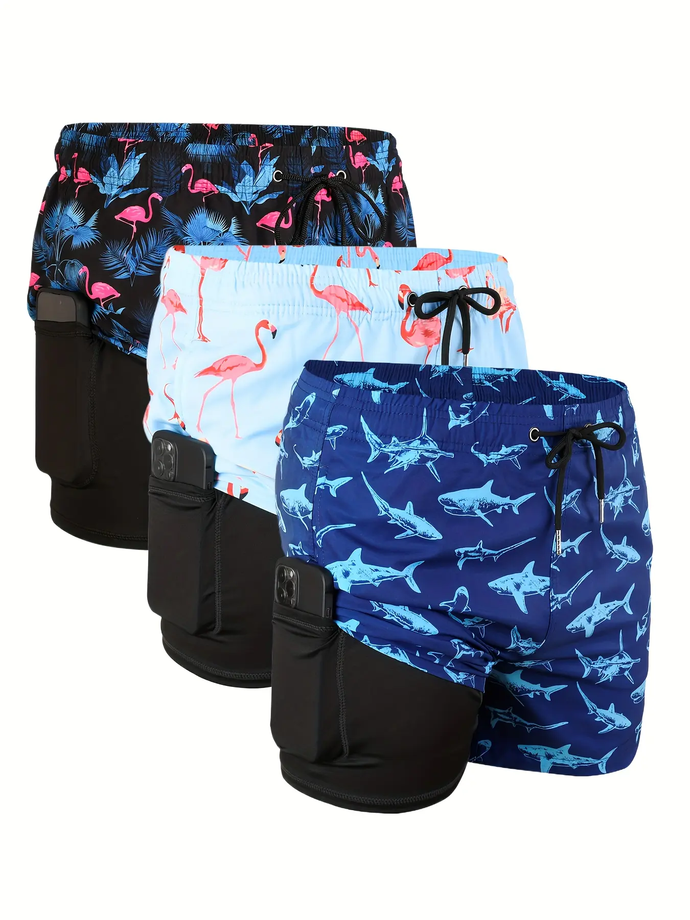 3PCS Mens Swim Trunks with Compression Liner 2 in 1 Quick Dry Swimming Shorts Swimwear 5" Beach Workout Pockets-Quick Drying-Elastic Waistband Casual Summer Swimwear