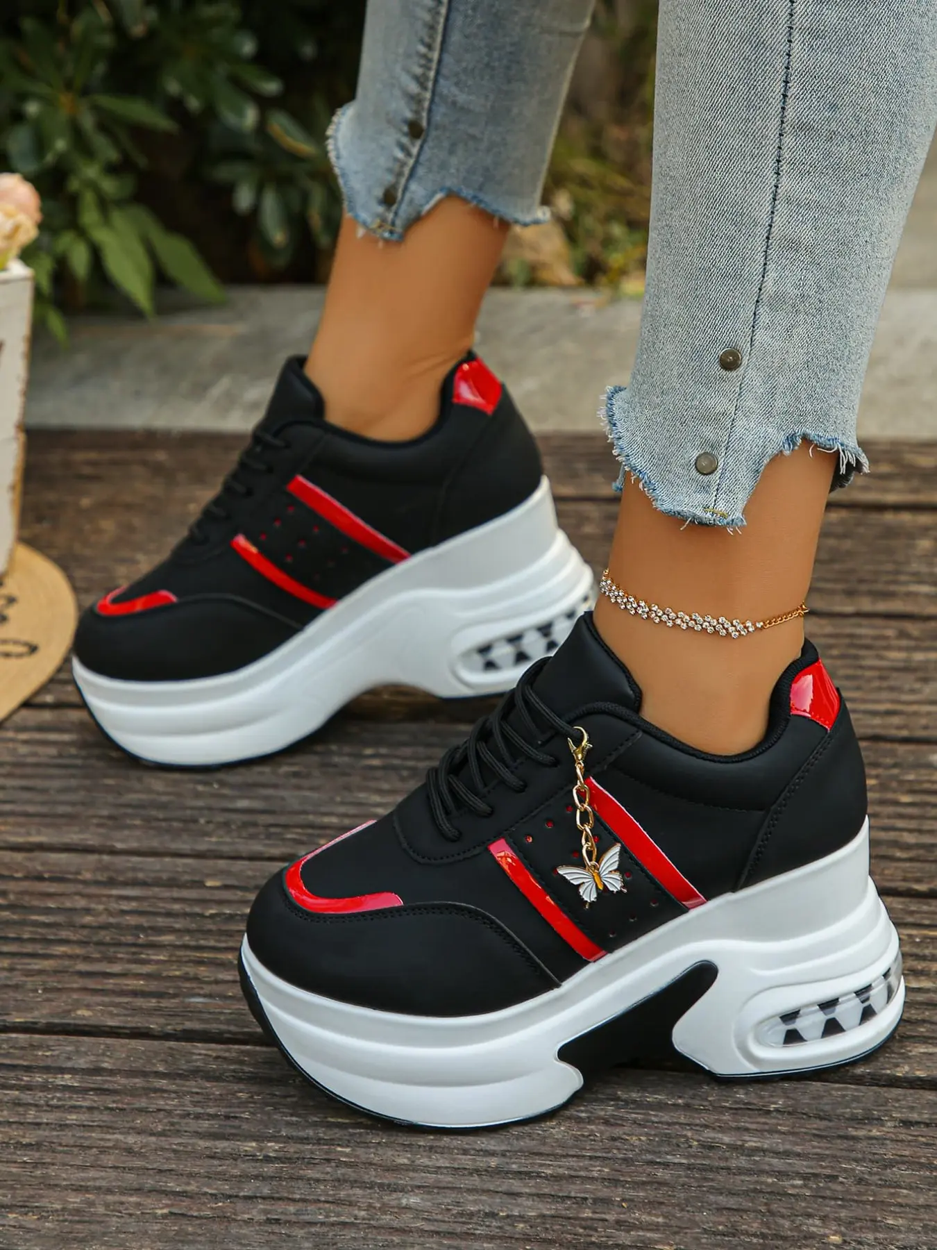 A pair of Women's Colorful Trim Wedge Fashionable Casual Cushioned Sneakers with Butterfly Charm, Lace-Up Hidden Heel Sports Shoes, Air Cushion Thick Sole Footwear, Lightweight & Comfortable, Perfect for Work, Travel & Casual Outings