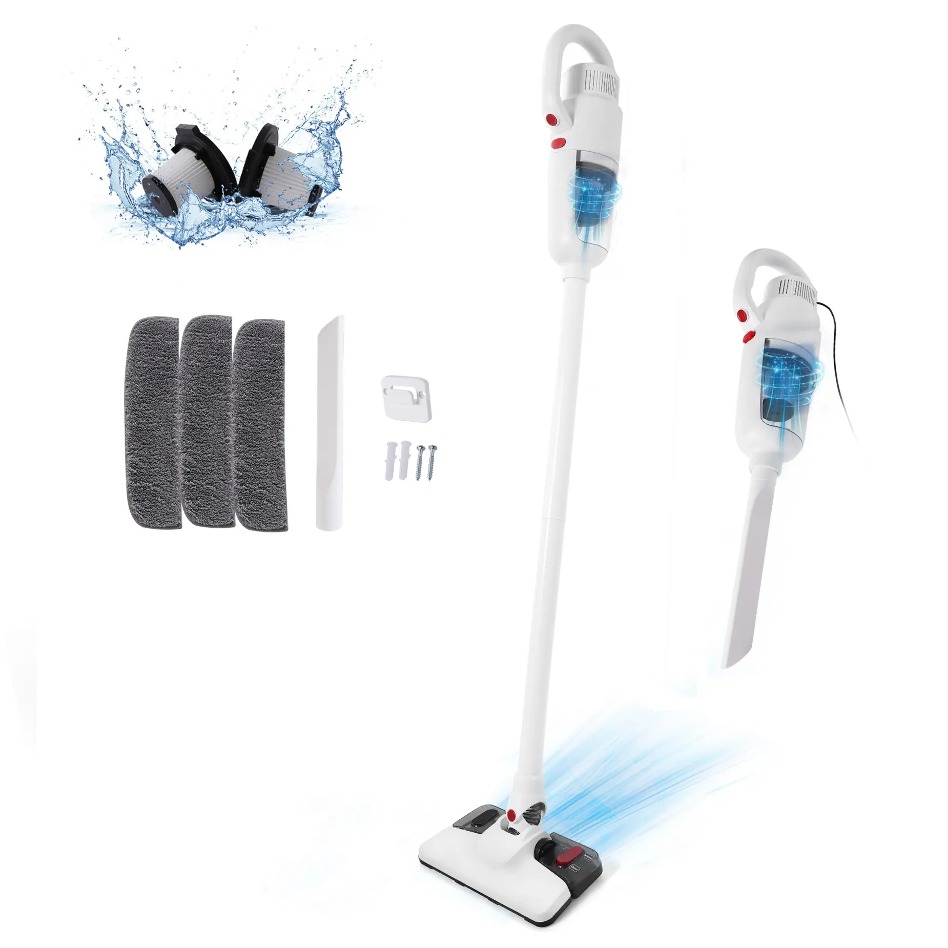 ARCH Compact Corded Vacuum and Mop Combo - 400W 12Kpa Mop + Suck Electric Broom, 2.86lb Lightweight Straight Form, Steel Frame, 3 Dust Filters, Microfiber Pads, Standard Plug for Hardwood Floors, Carpet, Kitchen, White Plastic Steel, Convertible Handheld,