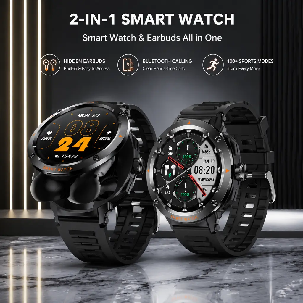 2-in-1 Smartwatch with Built-in Earbuds & Heart Rate Monitor, Sports Wearable with Bluetooth Calling & Full Touch Screen for iOS & Android, Portable, Running, Wristwatch, Devices, Glass, Unisex, Lightweight, Water-Resistant, Outdoor Sports, Batteries, Ped