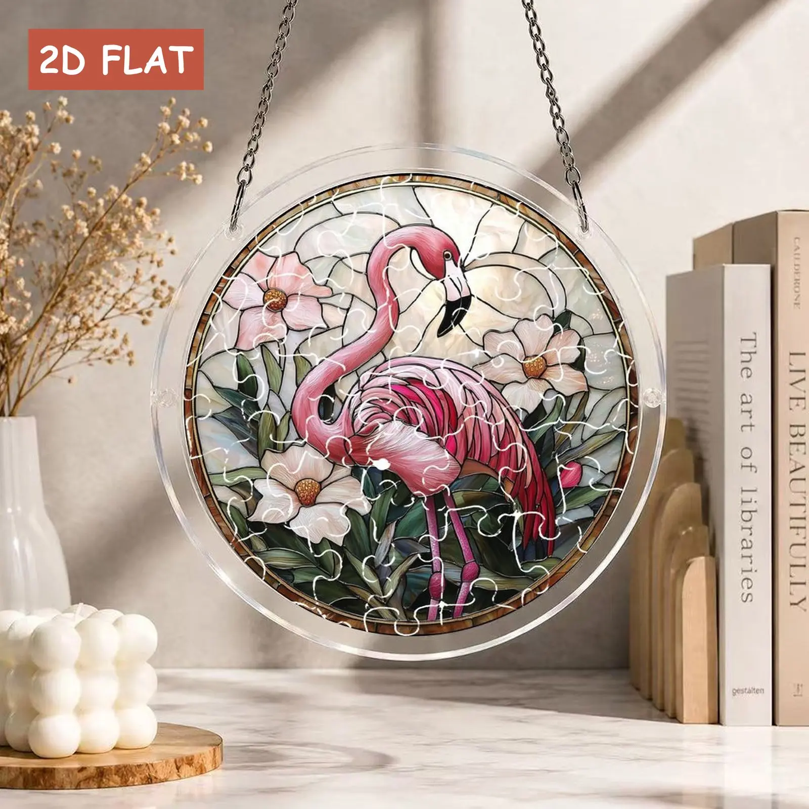 Flamingo Acrylic Jigsaw Puzzle Suncatcher, Pink Bird Floral Stained Glass Style Round Window Hanging Panel, DIY SunCatcher Ornament , Creative Craft Gift For Women Kids, Home Room Decor, 7.87 inch