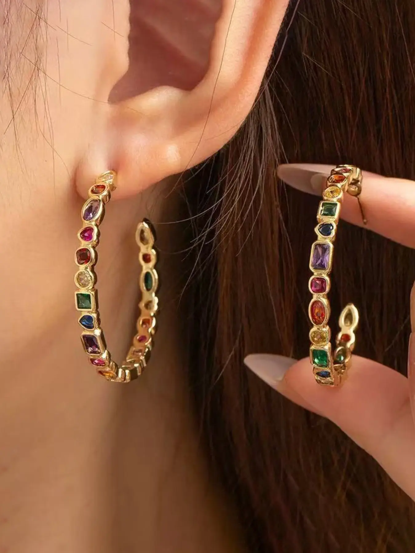 Rainbow Colorful Treasure C-shaped Large Ring Earrings - Retro Vacation Inspired Style - Elliptical Heart Square Mix-and-Match Color Zircon Full Circle Hoop Earring Loop - Traveling Girl Versatile Ear Jewelry Statement Earring Trendy Jewelry