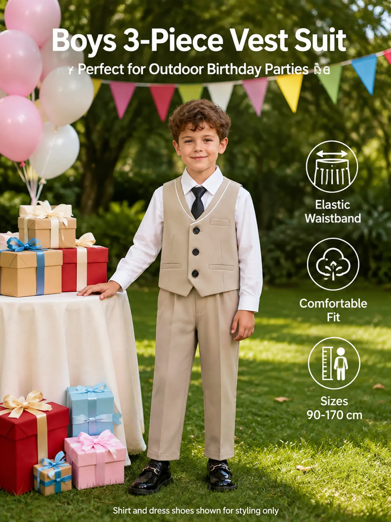 Boys, Junior Spring Summer Vest Suit 3 Piece Set, Double Breasted Vest, Trousers & Matching Tie Formal Outfit, Slim Fit Elastic Waist Dress Suit for Back to School, Wedding, Birthday Party, Size 90-170cm Toddler to Teen Boys, Available in Black, Khaki
