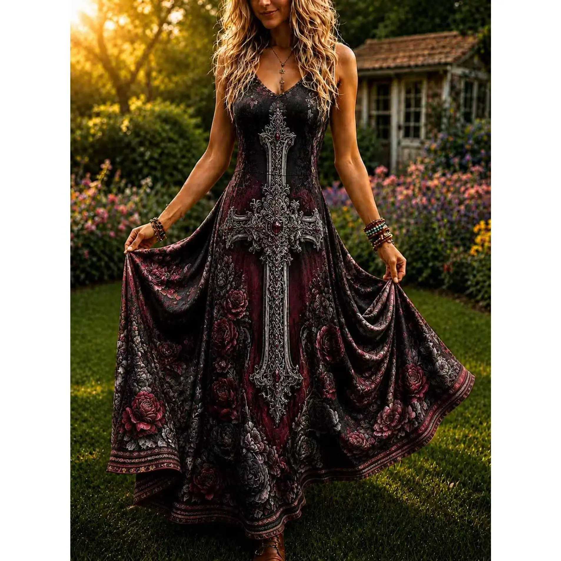 [New Halloween] Retro and old cross print suspender dress, gothic V-neck sleeveless big swing holiday dress