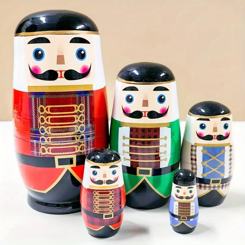 5-Layer Handcrafted Wooden Russian Nesting Dolls, Black-Topped Walnut Soldier Nutcracker Wishing Dolls, Traditional Classic Novelty Toy