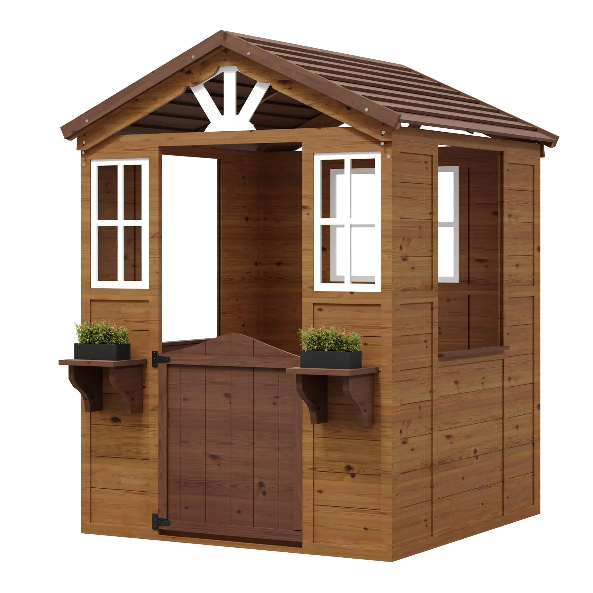 Cedar Wooden Playhouse with Play Kitchen, Wooden Adventures Cottage for Backyard, Outdoor Toddler Playhouse