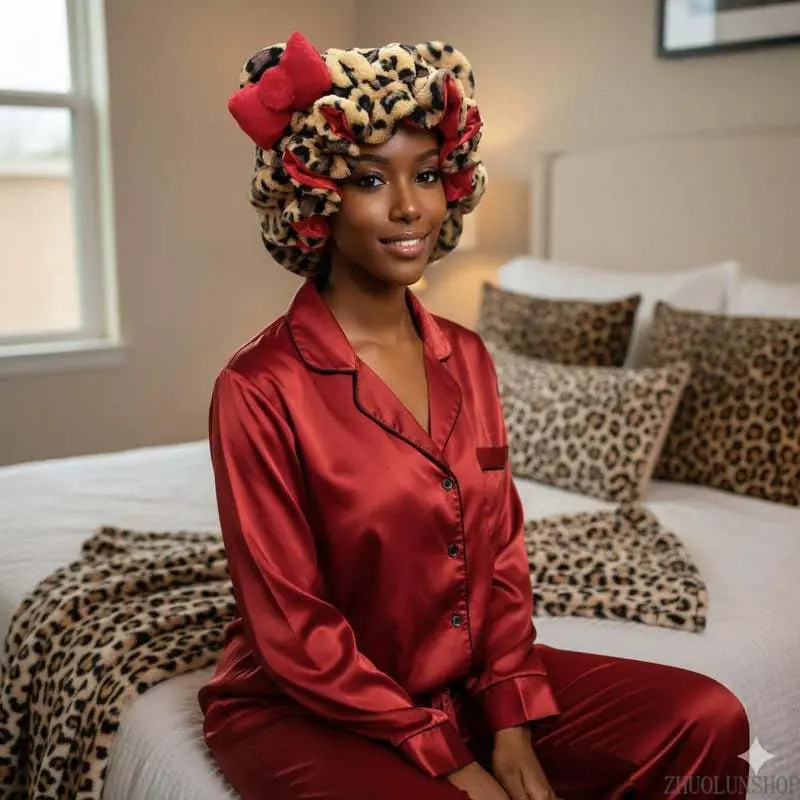 New Leopard Print Plush 3D Ear Bowknot Headband, Quick Dry Fluffy Hair Wrap Sleeping Bonnet for Women Men, Soft Fuzzy Cute Hair Accessory for Skincare Shower Daily Use