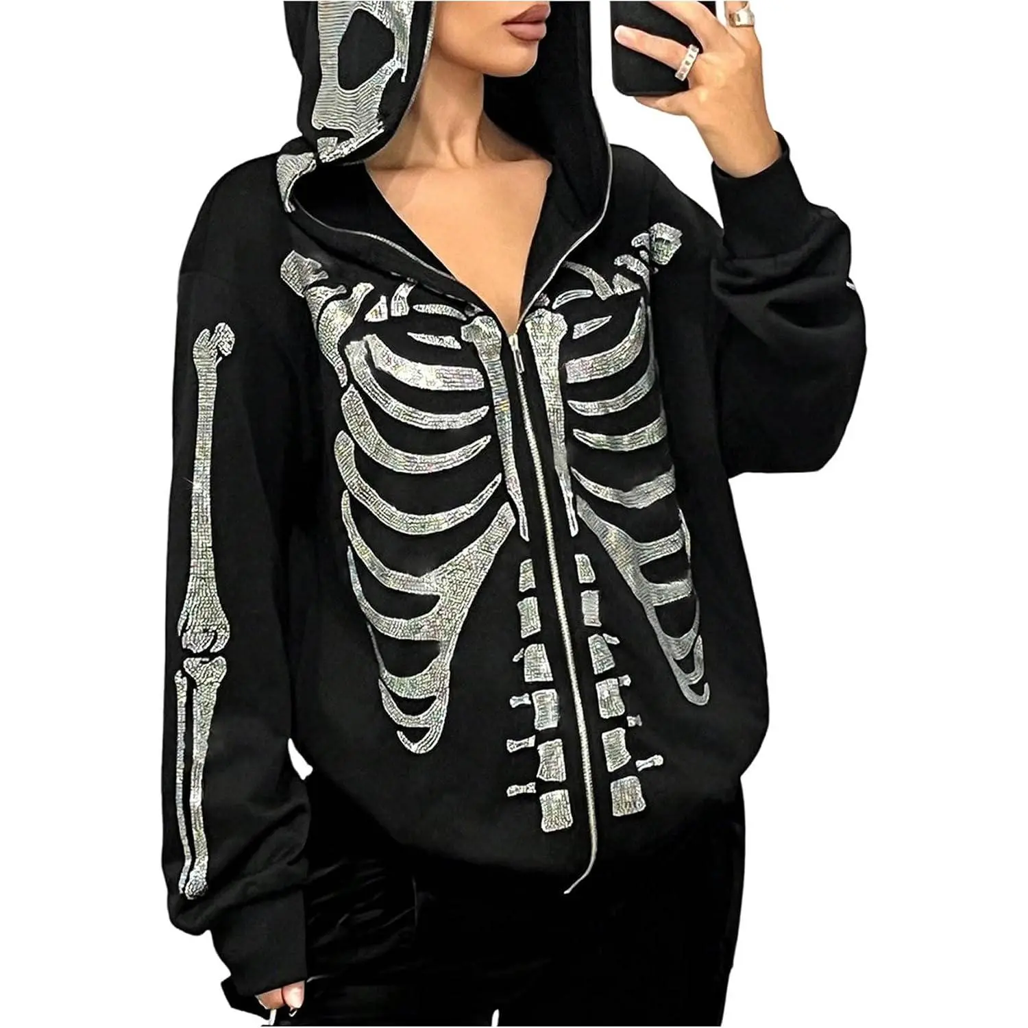 BEAUDRM Women's Skeleton Graphic Hoodie Y2k Gothic Zip Up Rhinestone Long Sleeve Hooded Sweatshirt Jacket Streetwear