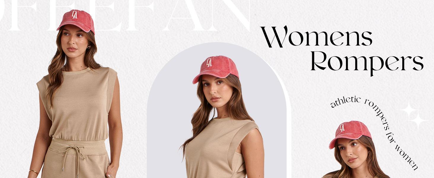 OFEEFAN Rompers for Women Summer Cap Sleeve Adjustable Drawstring Waistband Crewneck Casual Outfits with Pockets SpringStatements