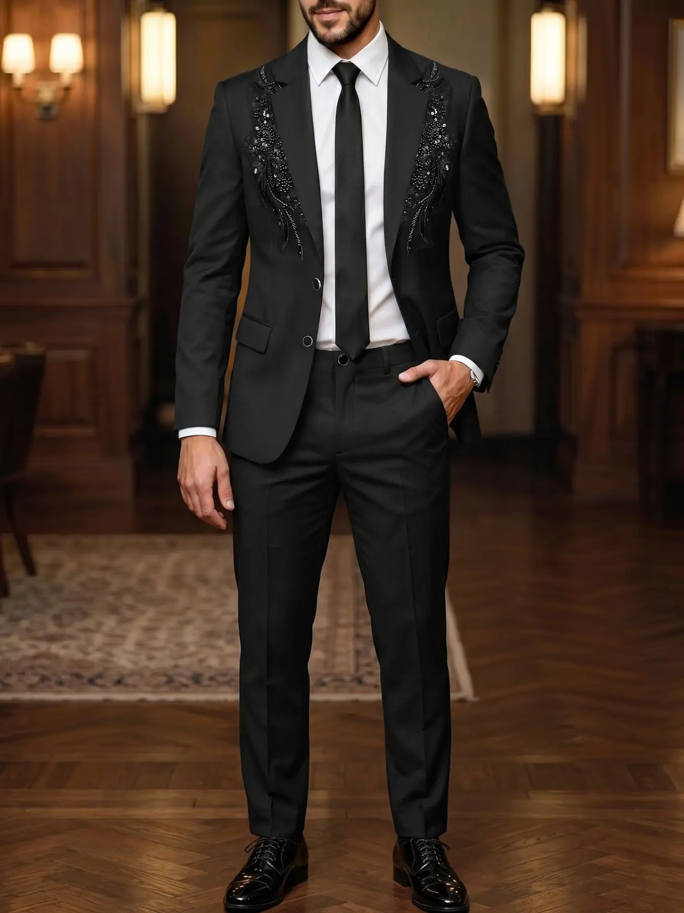 Luxury Subtle Pattern Wing Men's Blazer Set, Western Church Style Full Suit, Slim-Fitting Long Sleeve, Natural Waist Pants
