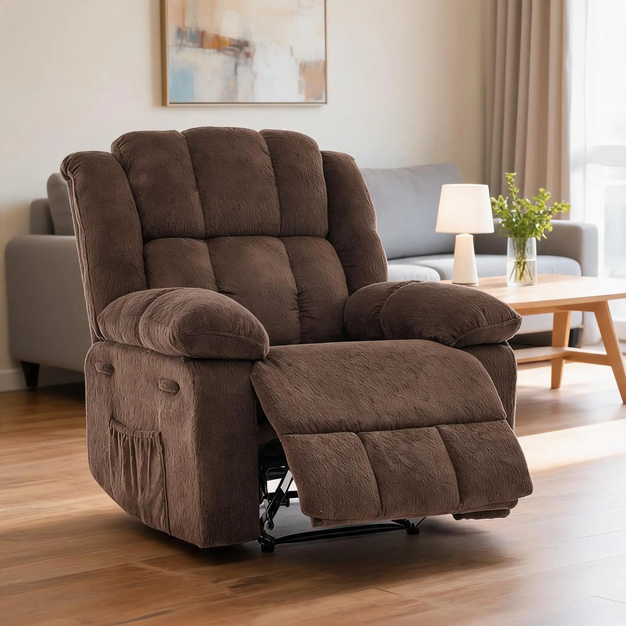 Extra Wide Manual Recliner Chair for Adults - 155° Ergonomic Armchair with Footrest & Side Pocket - Upholstered Lounge Chair for Living Room, Bedroom, Nursery - Sturdy Frame - Towel Fabric, Gray