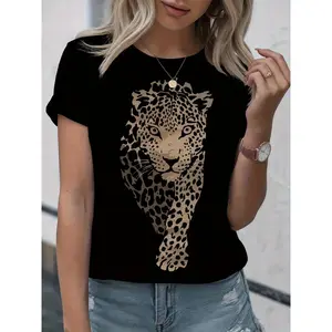 Women's 100% Geometric Leopard Print T-Shirt - Loose Fit Short Sleeve Round Neck Top with 180g Lightweight Fabric Suitable for Spring Summer Casual Wear, Everyday Outfits & Layering - Machine Washable Shirt