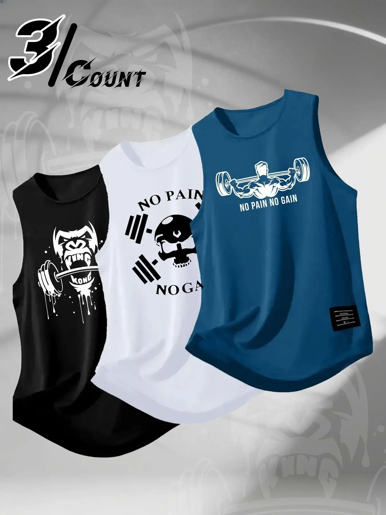 Blue Gorilla Barbell No Pain No Gain Motivational Fitness Print Vest Set, Cartoon Pattern, Loose-Fitting, Casual Style