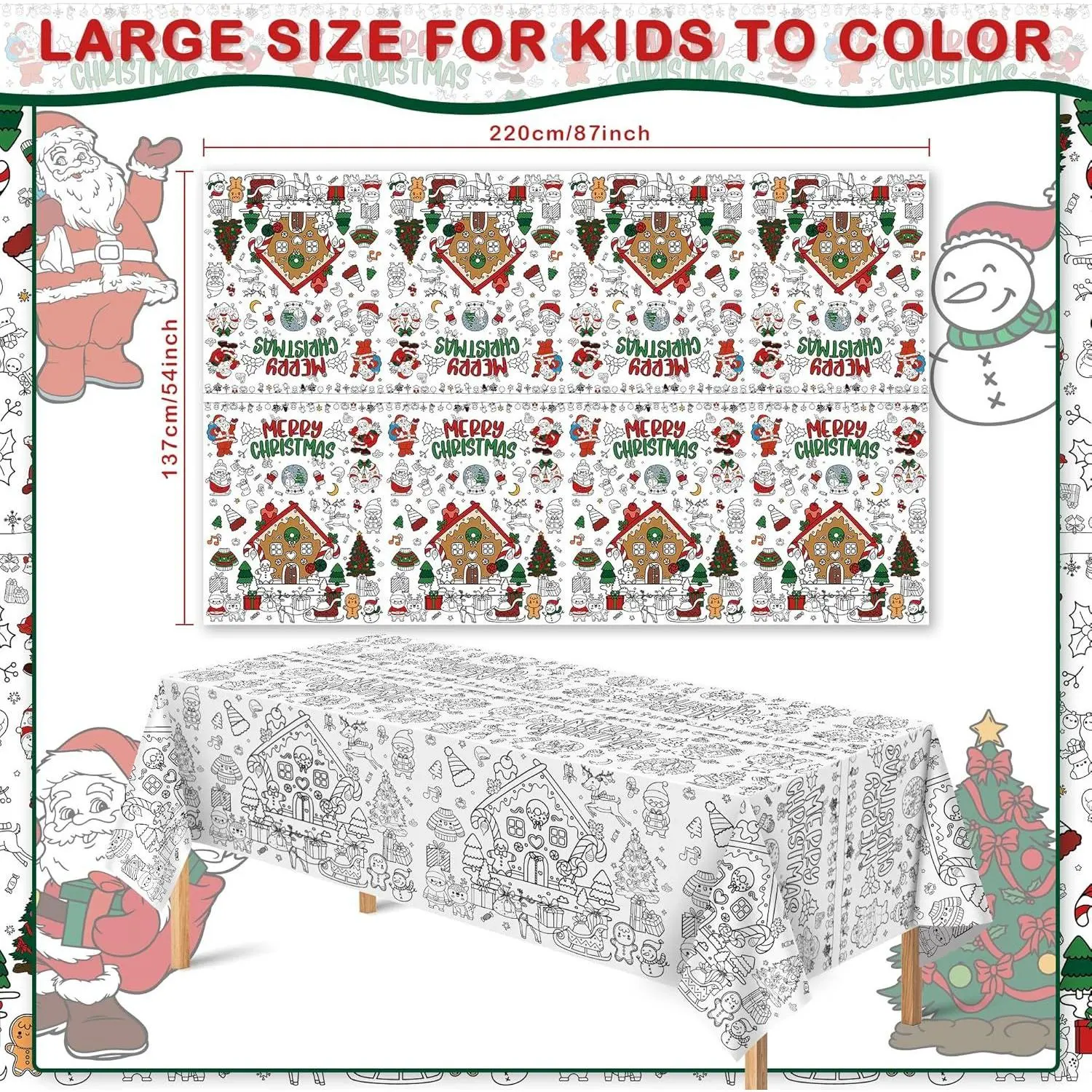 Kids' Kraft Paper Mess-Free Christmas Coloring Tablecloth, Extra-Large 54x88in Festive Print Cover, Indoor Recreation Holiday Party Activity & Decor