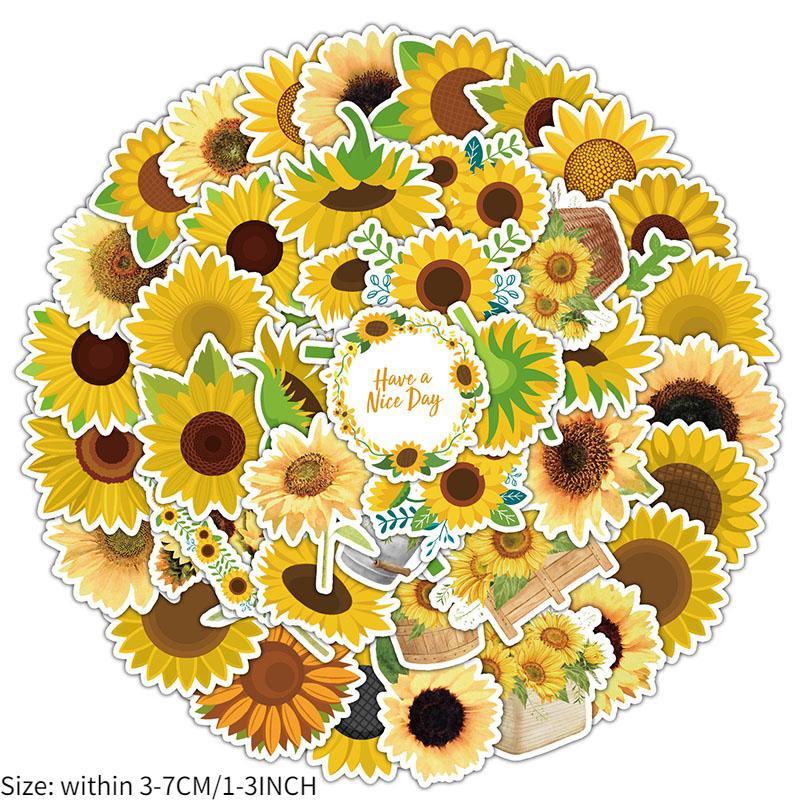 Sunflower Pattern Sticker, 50pcs/set Waterproof Self Adhesive Decor Paper, Decor Sticker for Gift Greeting Card Water Bottle Laptop Phone