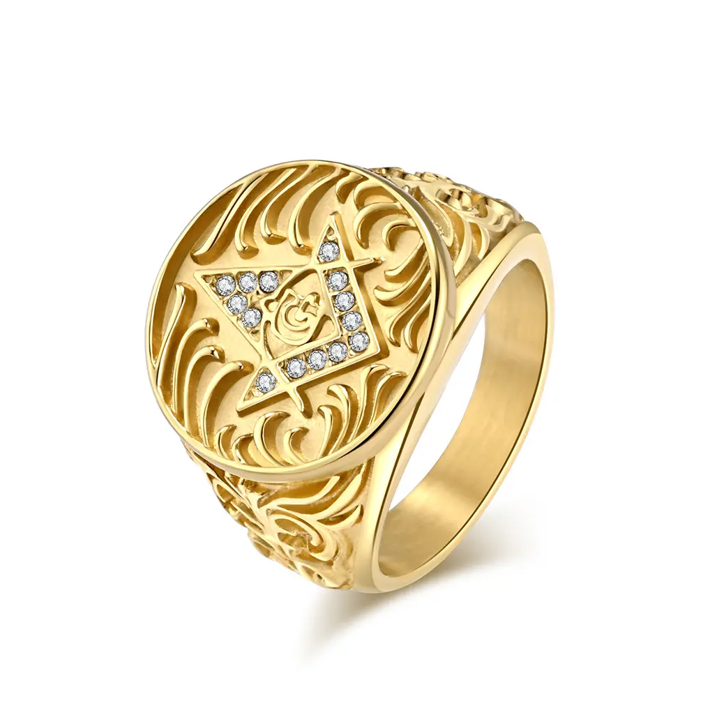 Masonic Freemason Ring for Men Stainless Steel Iced Out G Brotherhood Ring, Punk Hip Hop Statement Jewelry