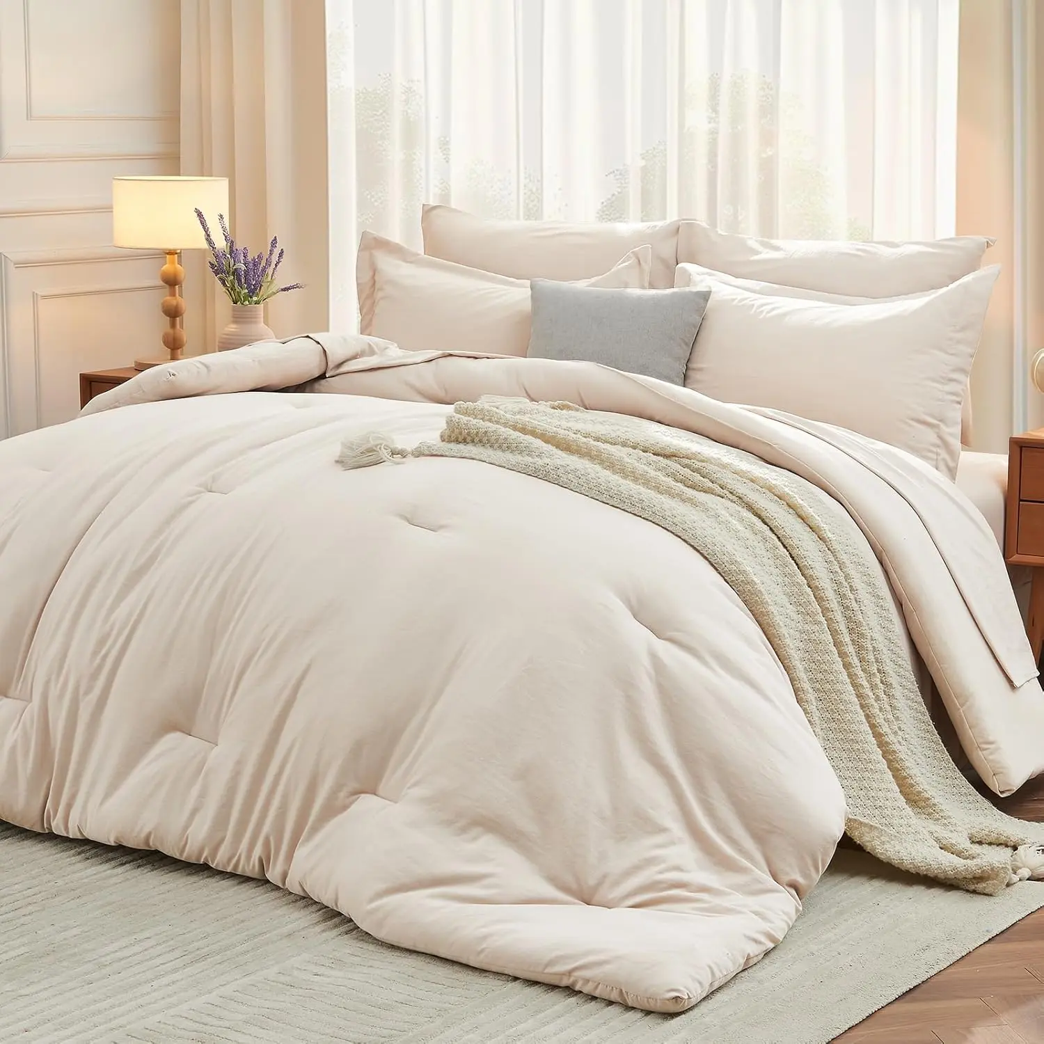 MUXHOMO Classic 7-Piece Queen Solid Comforter Set, Durable Cloud Fill Soft All-Seasons Bedding Collection with Considerate Design, Includes Comforter, Flat Sheet, Fitted Sheet, Pillowcases & Shams, Beige