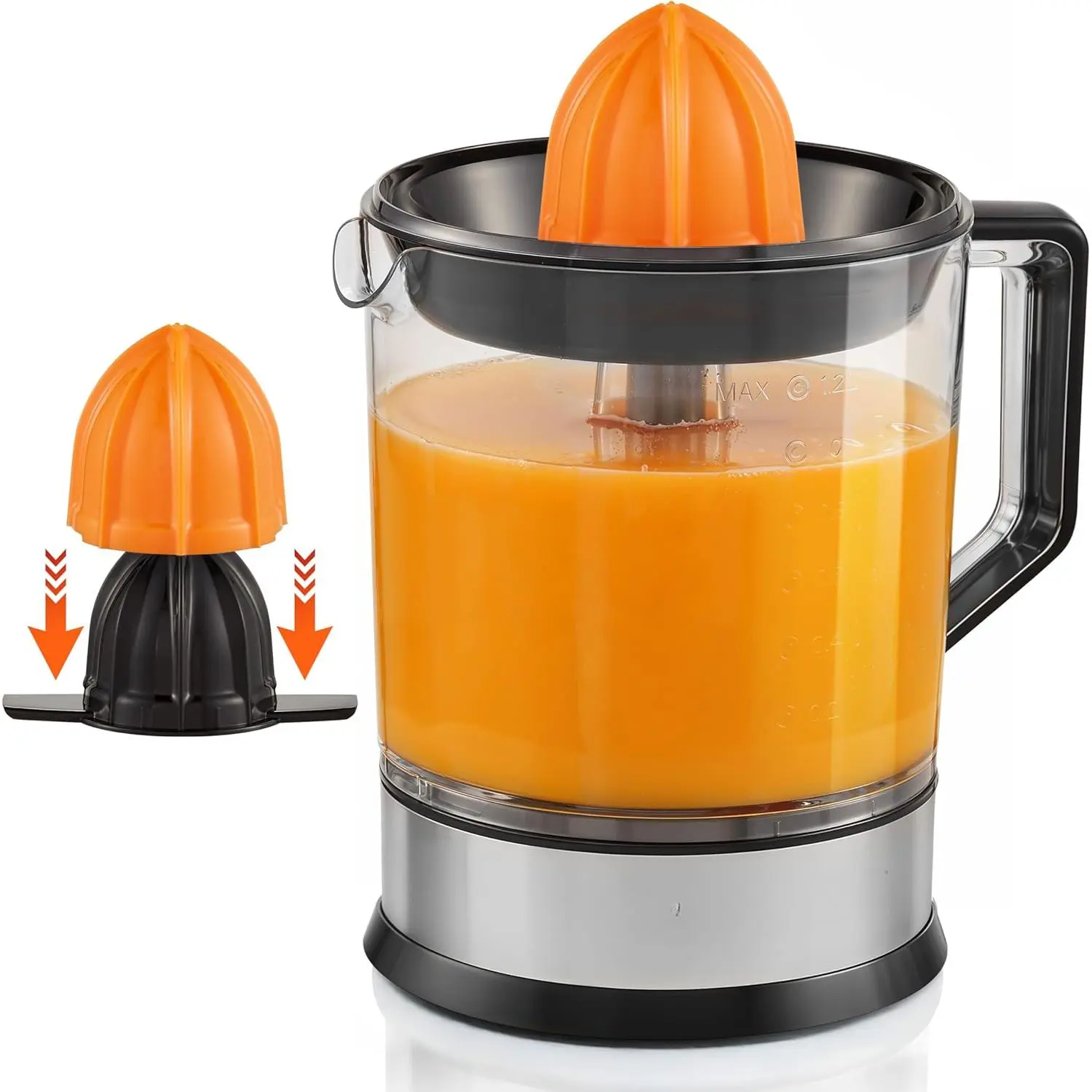 BPA-Free 40-Watt Electric Citrus Juicer with 2 Cones, Compact, Large Volume, Pulp Control, Oranges, Lemons, Limes, Grapefruits with Easy Pour Spout, 1.2L, Black/Stainless Steel