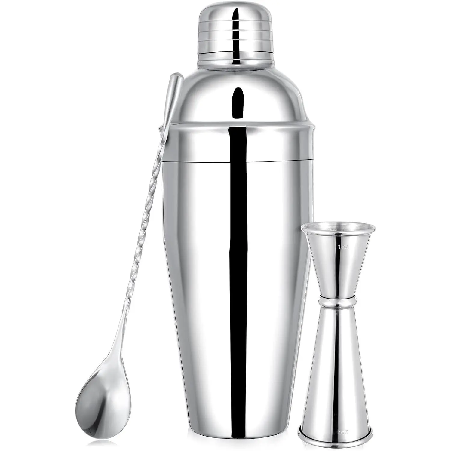 24oz Stainless Steel Bar Cocktail Shaker, 1oz/2oz Jigger and 8" Mixing SpoonGift