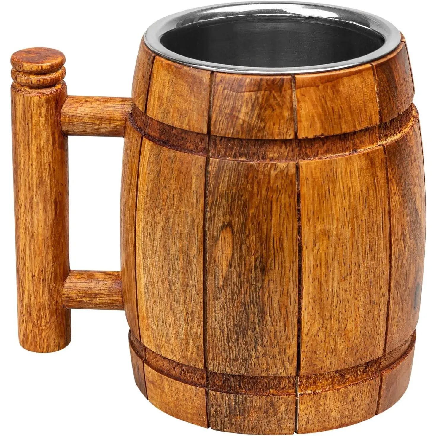18oz Handmade Wooden Beer Mug with Stainless Steel Cup, Rustic Barrel Style Beer Stein Tankard for Men, Vintage Pub Mug Bar Accessories, Great Gift Idea