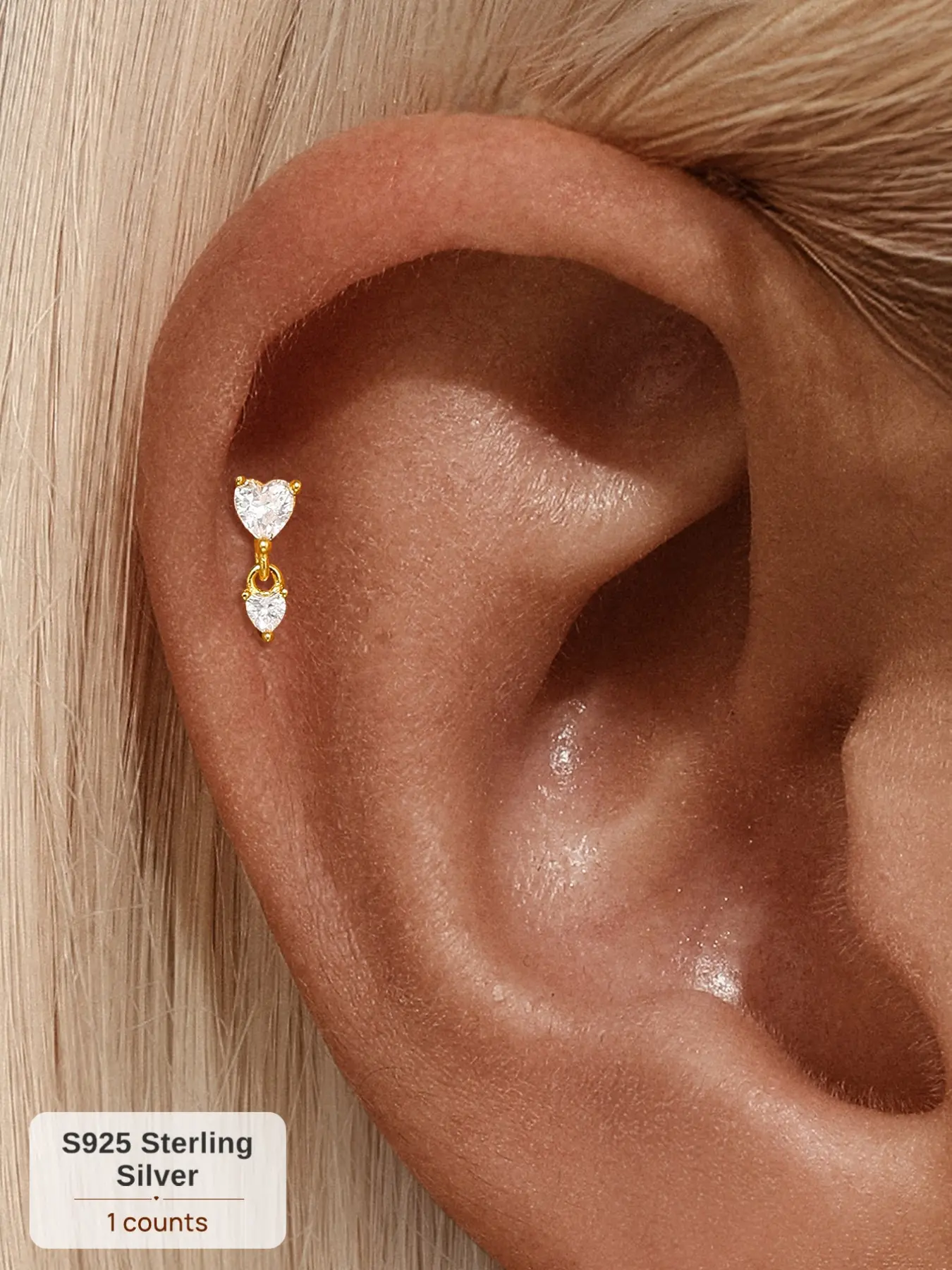 18K Gold Plated S925 Sterling Silver Single Piece Romantic Double Heart Link CZ Cartilage Earring, Hypoallergenic Earrings For Sensitive Ears Threaded Flat Back Helix Tragus Piercing, Meaningful Anniversary Jewelry Gift