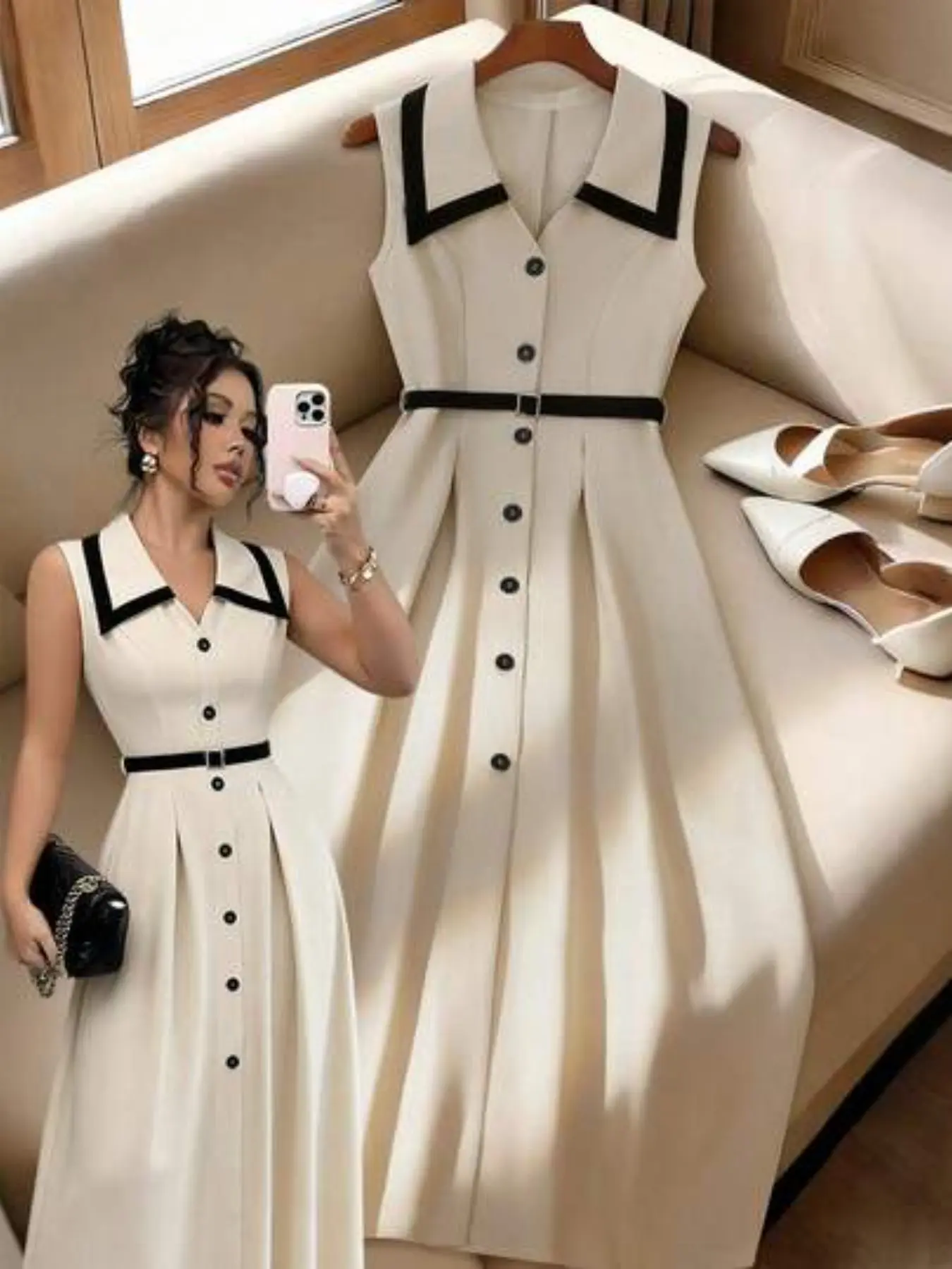 French Style Chic and Contrast Lapel Vest Sleeveless Button Dress, Waist Cinch Slimming Belted Midi Dress, Elegant Charming Look