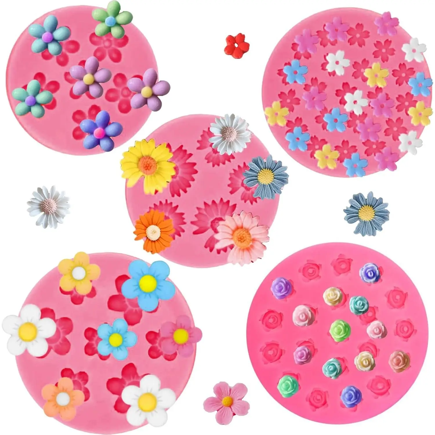 5Pcs Flower Silicone Candy Mold, Mini Fondant Chocolate Molds Small Rose Flower Resin Soap Ice Cube Wax Melt baking Mold for Cake Cupcake Decorationg (pink)