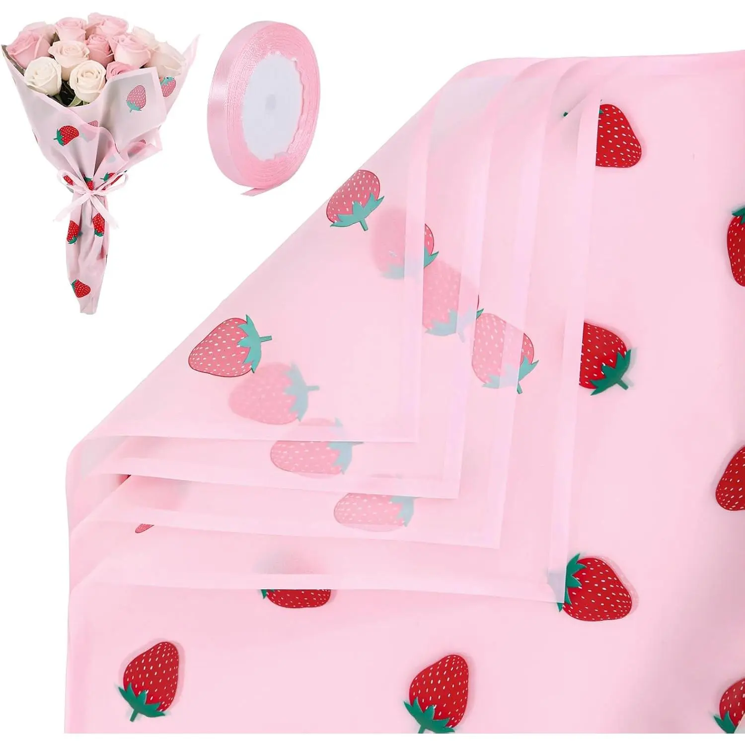 20 Sheets Modern Frost Texture Bouquet Wrap with Ribbon, 22.5x22.5in Matte Korean Florists' Wrapping Paper with Strawberry Motif, for Bridal Shower, Valentine's Day Gifts