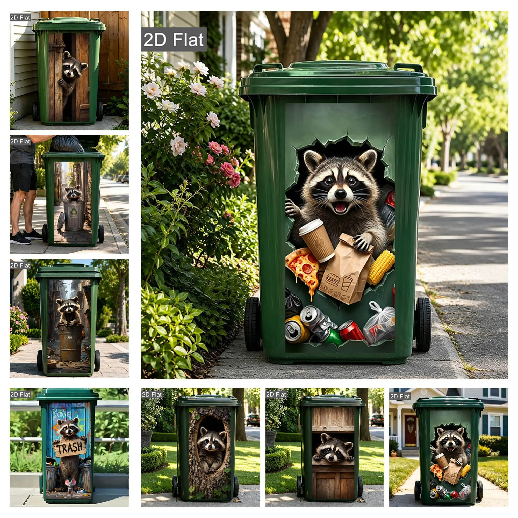 Funny Raccoon Trash Can Decal, UV Vinyl Self-Adhesive Decorative Sticker, DIY Decor for Kitchen, Yard & Garage Recycle Bins, Animals Pattern