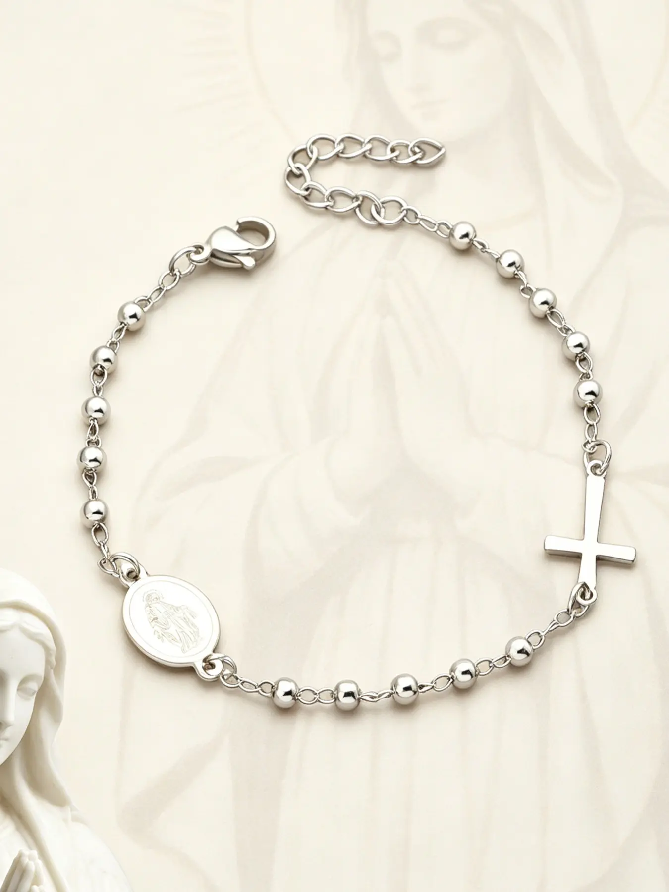 1 Piece Adjustable Stainless Steel Our Lady of Guadalupe Cross Beaded Pray Bracelet for Women, High Quality Beaded Bracelets, Catholic Religious Rosary Charm Bangles, Minimalist Design, Dainty Faith Jewelry Gift for Confirmation First Communion