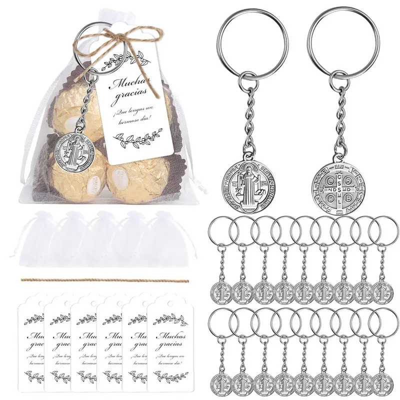 Medal Keychain, Key Rings, Cross Protection Saint Pendant with Organza Bags Kraft Tag Jute Rope Pocket Prayer Medal Catholic Baptism Charms Religious Amulet Gift