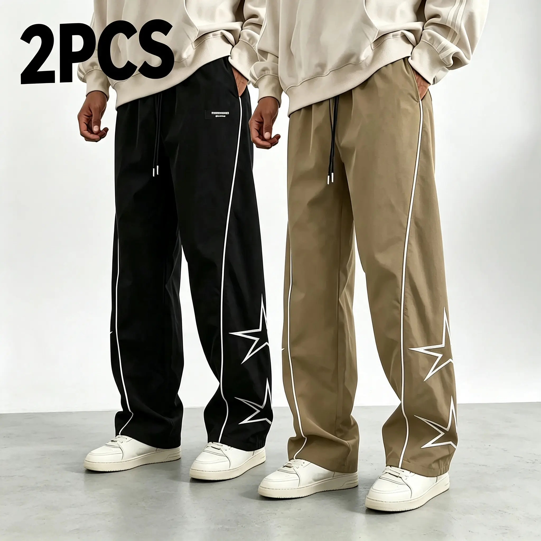 2 Pack Men's Black Sports Pants with White Side Stripes and Embroidered Design, Casual Gym Wear, Sweatpants, Athleisure Style Sports Set, Adjustable Drawstring Sweatpants Set