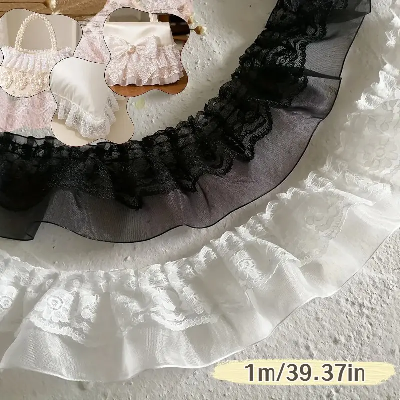 1 Meter 5cm Wide Pleated French Lace Trim, Lace Detailing, Double Layered Ruffle Edge for Clothing, Bedding, Curtains, Sleeve Decor, Fashion Accessory