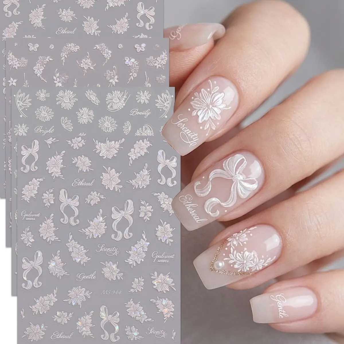 4 Sheets Aurora Bow Nail Stickers, 5D Embossed Sunflower Floral Nail Art, Wedding/graduation/music Festival Summer Romantic DIY Decorations