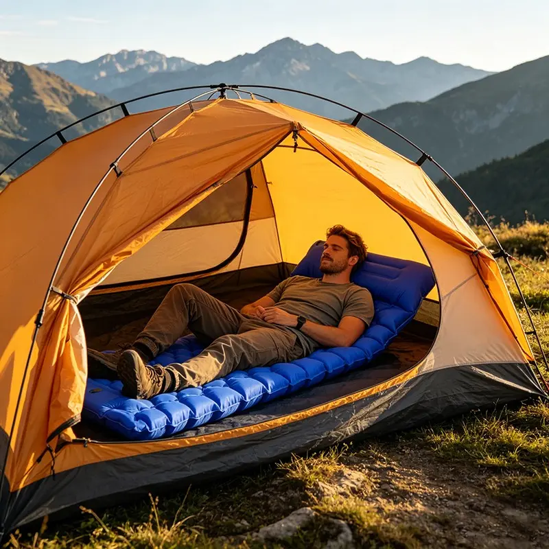 1pc Thick Waterproof Inflatable Camping Travel Mattress, Portable Foldable Sleeping Air Pad with Pillow, Ultralight Sleeping Mat for Tent Hiking Backpacking Outdoor Mountain Trip