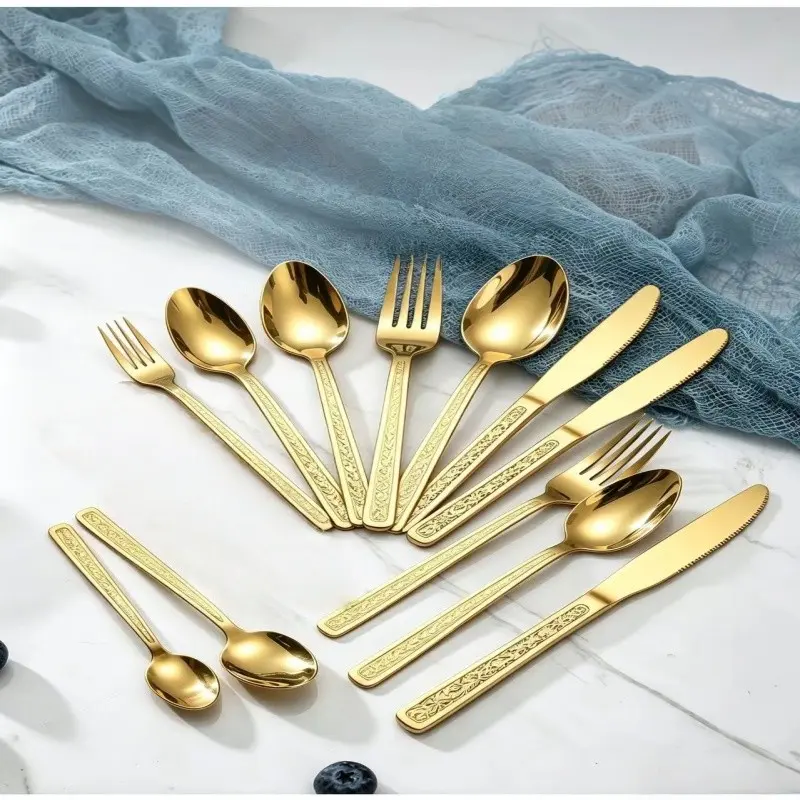 Stainless Steel Western Cutlery Set 12 Pieces, Vintage Relief Handle, Steak Knife, Dinner Fork, Soup Spoon, Dessert Spoon, Home & Hotel Use, Tableware Sets