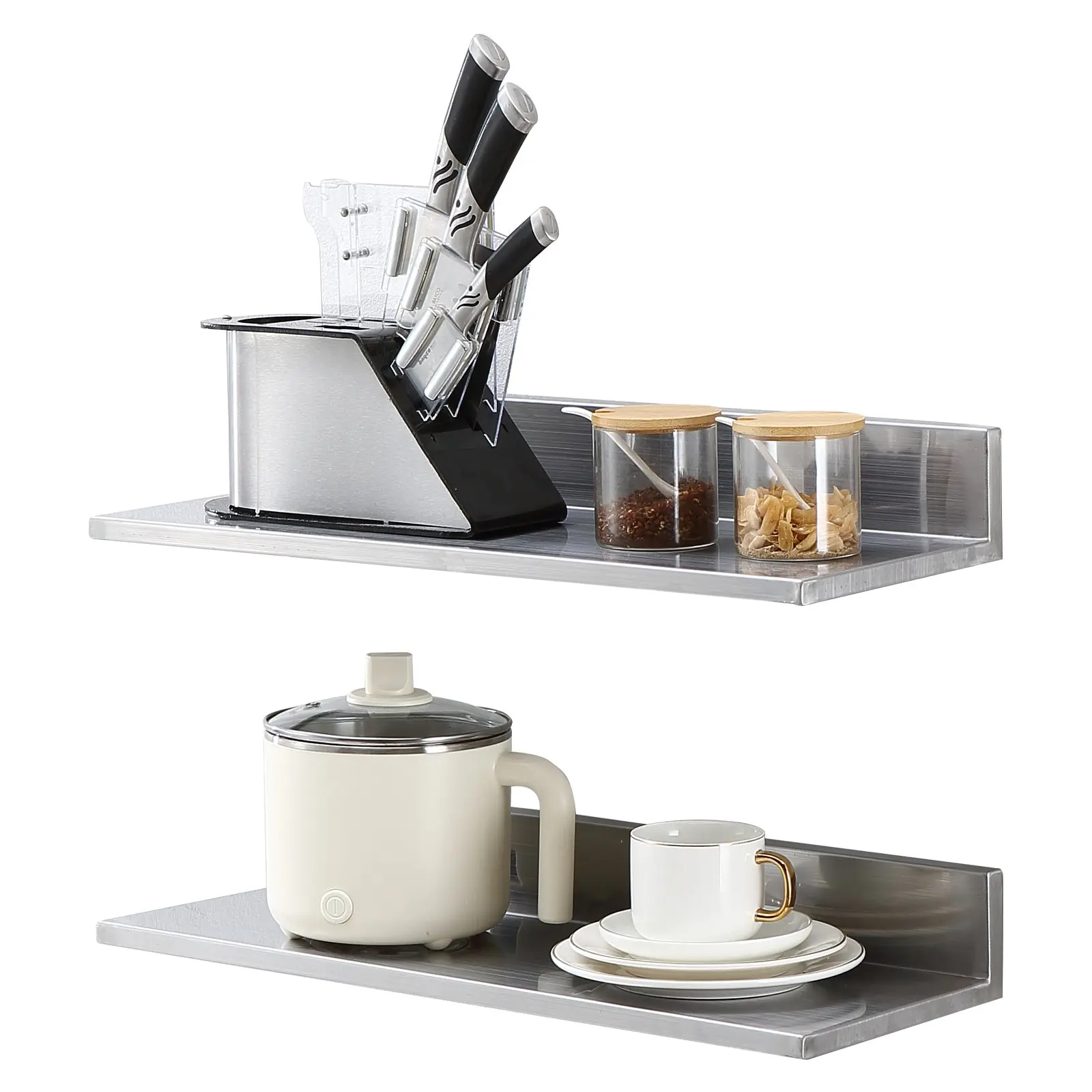 VEVOR 2-Pack 8.6"x24" Stainless Steel Floating Shelf, Wall-Mounted Heavy Duty Rack with Solid Backsplash, 44 lbs Load Capacity Commercial Use Shelving for Restaurant/Bar, Kitchen, Decor