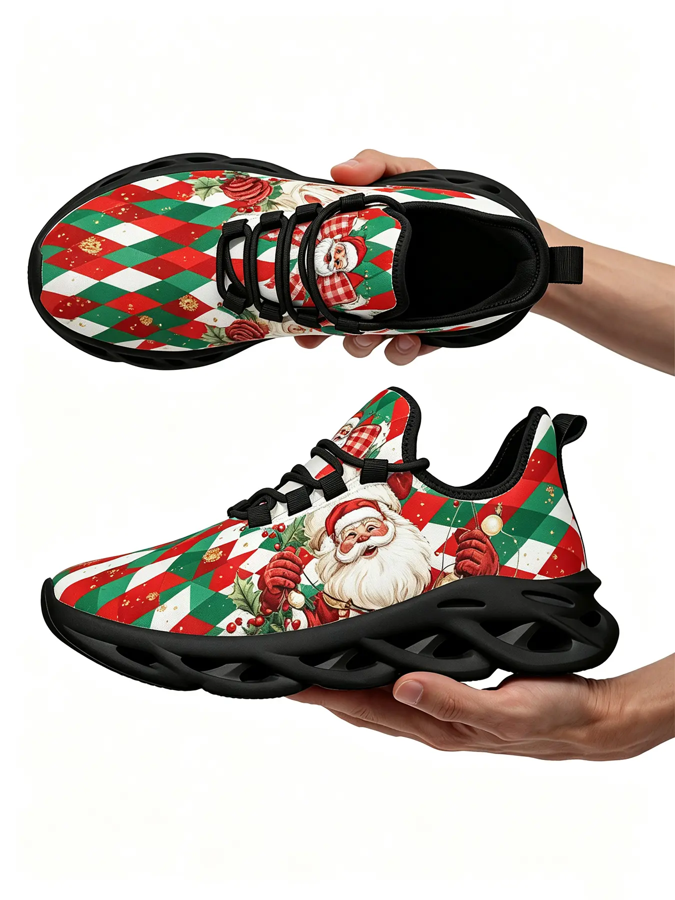 Vintage Christmas Santa Claus Red Green Argyle Holly Berry Xmas Ornament Pattern Chunky Sneakers for Men Women, Festive Holiday All Over Print Mesh Shoes, Comfort Non Slip Fashion Footwear for Xmas Party Outdoor Daily Wear