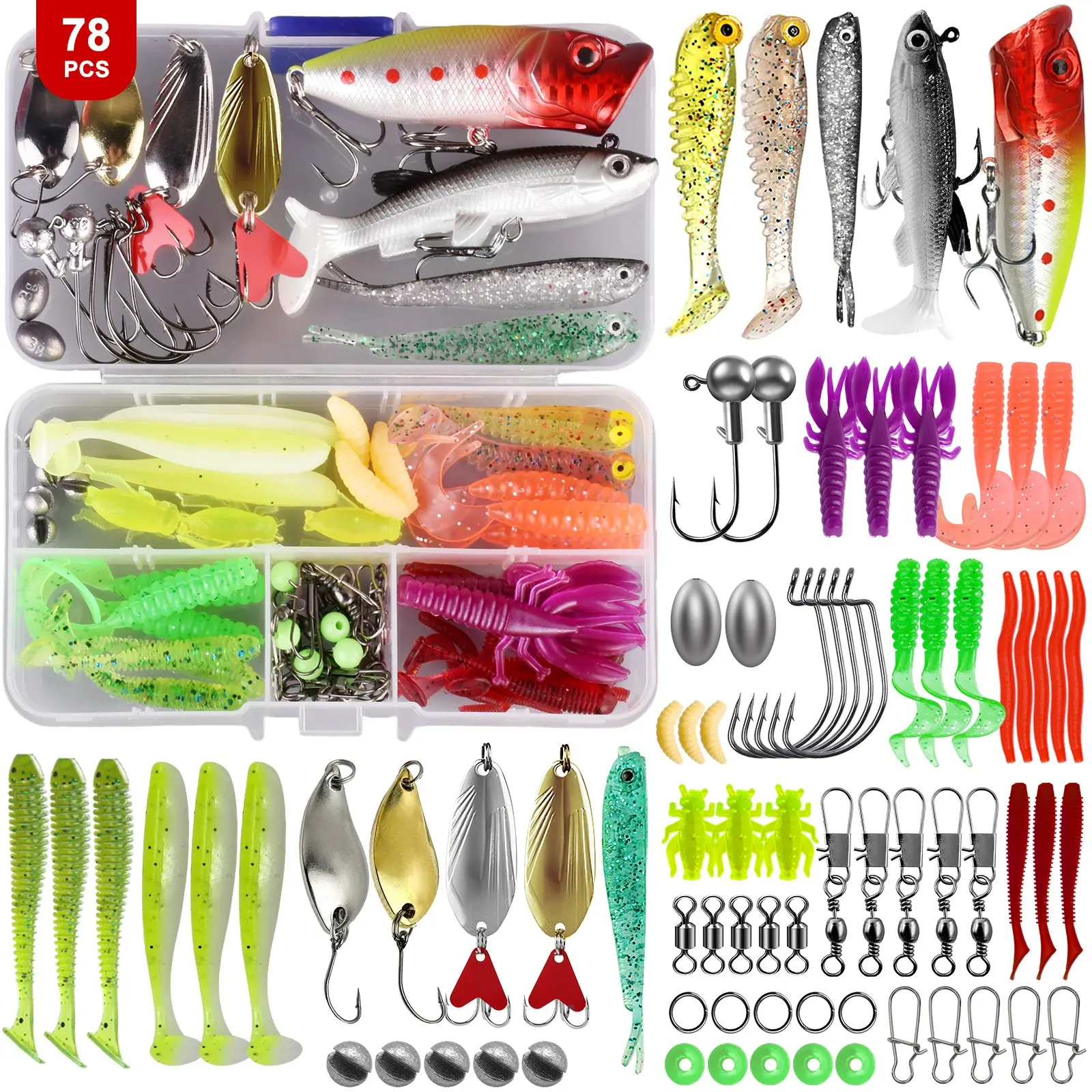 361/219/106/78pcs Bass Fishing Lures Kit, Fishing Tackle Box with Soft Bait Hooks Weights, Fishing Lure Set, Ideal Gift for Men Father Beginners, Fishing Gear, Fishing Supplies